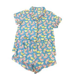 BedHead Pajamas‎ Set XL Blue Citrus Lemons Print Shorts Button Front Sleepwear